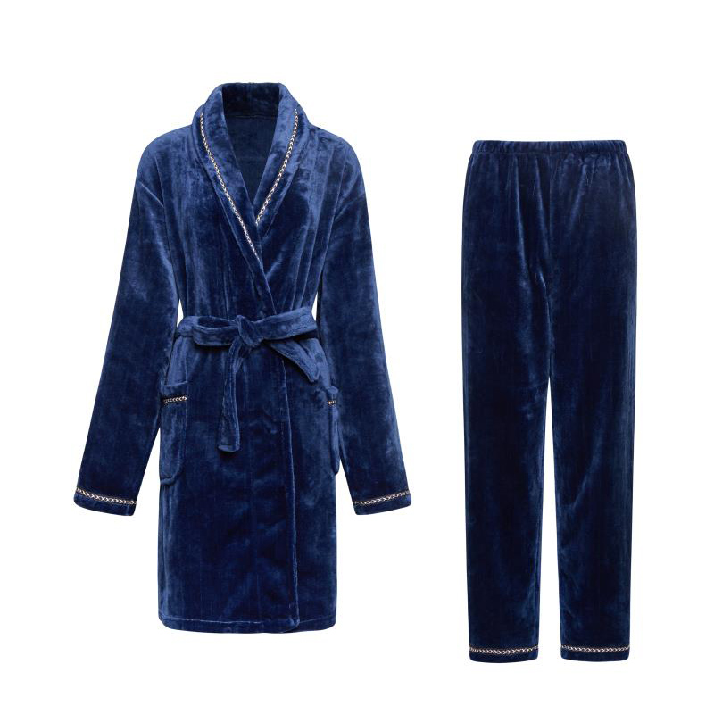 Autumn Winter Coral Suede Pajamas Two Sets Pyjamas Warm Thickened Flannel Bathrobe for men and women Bathing Suit Plus Pants