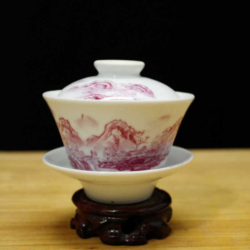 Jingdezhen Cultural Revolution Factory goods porcelain by hand draw Manao Hongshan Water cover Bowl Gai Cup Cultural Revolution Collection sent gifts