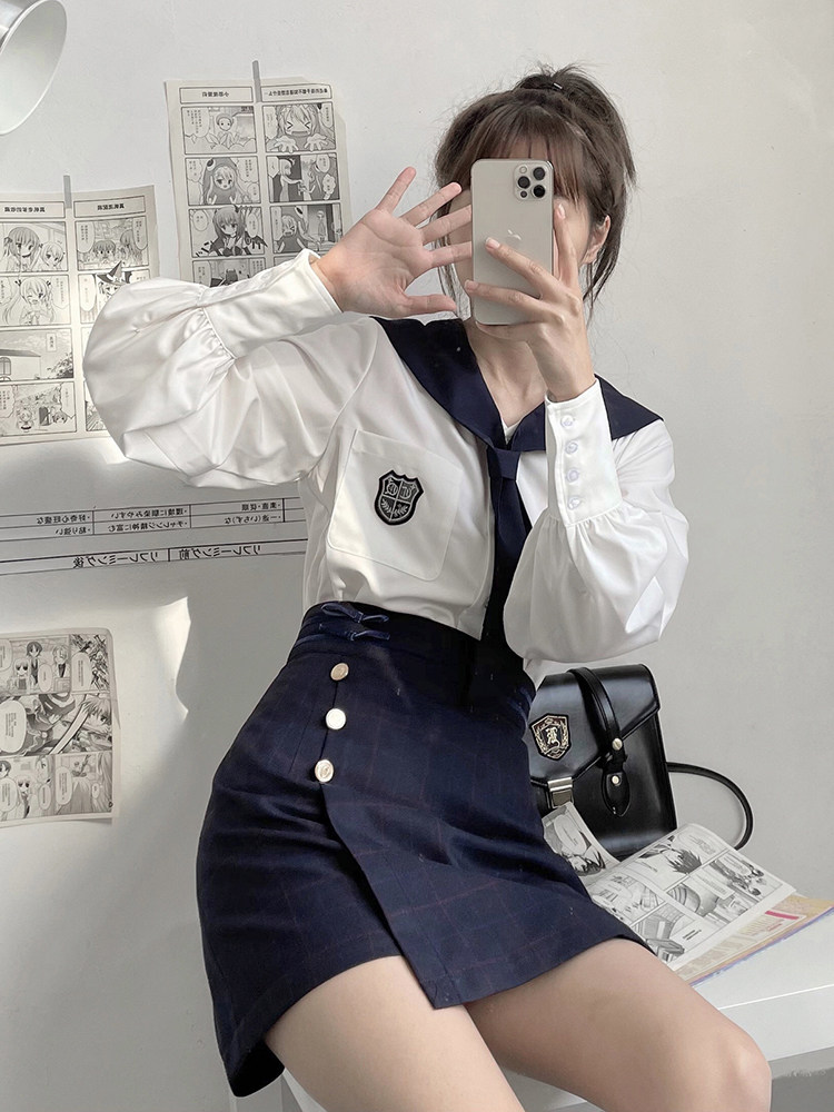Terrier bean lifegirl Korean uniform suit genuine package hip skirt short skirt long-sleeved sailor suit jk original college style