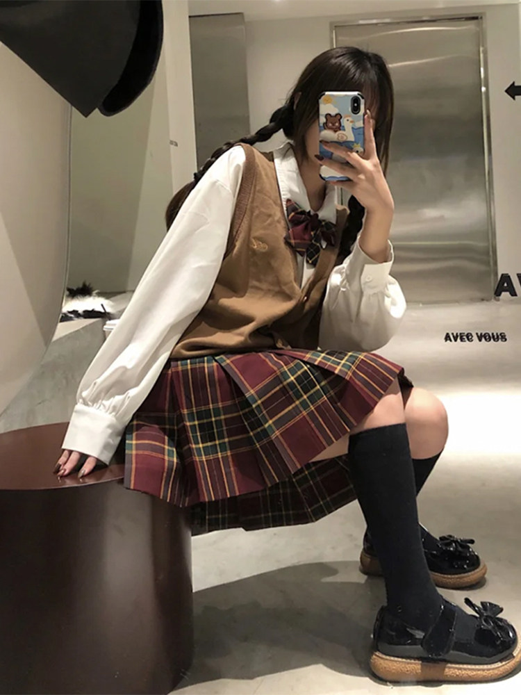 College style jk uniform suit autumn and winter Japanese school sense vest shirt original genuine JK plaid skirt full set female