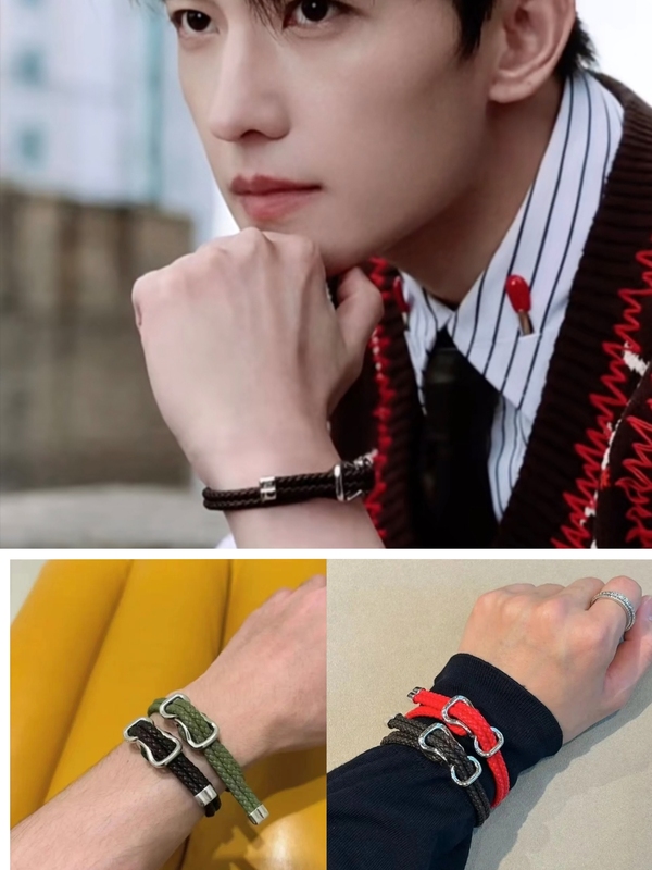 Yang Yang's Same Style Bv Friendship Braided Sheepskin Red Rope Bracelet, Retro Simple Design, Pure Silver Men's and Women's Leather Rope Bracelet Ring
