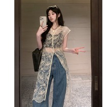 Spring Jacquard Lace Hollowed-out Hood Outside of a loose middle-length open fork without sleeveless horse chia one-piece dress