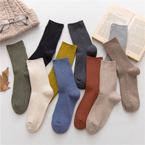 Socks mens spring and autumn solid color cotton socks Japanese striped pile socks womens mid-tube tide wild anti-odor breathable couple socks long