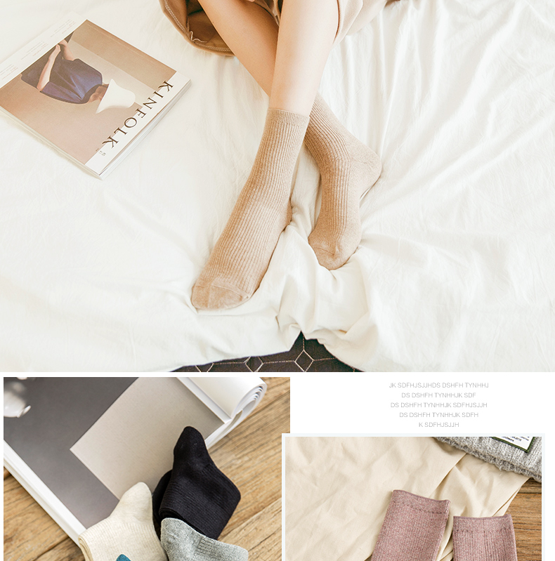 Vớ của phụ nữ đôi kim trong vớ ống mùa xuân và mùa thu Nhật Bản màu cotton rắn vớ văn học không xương giản dị retro sọc nữ vớ - Bít tất nữ vớ lười nam