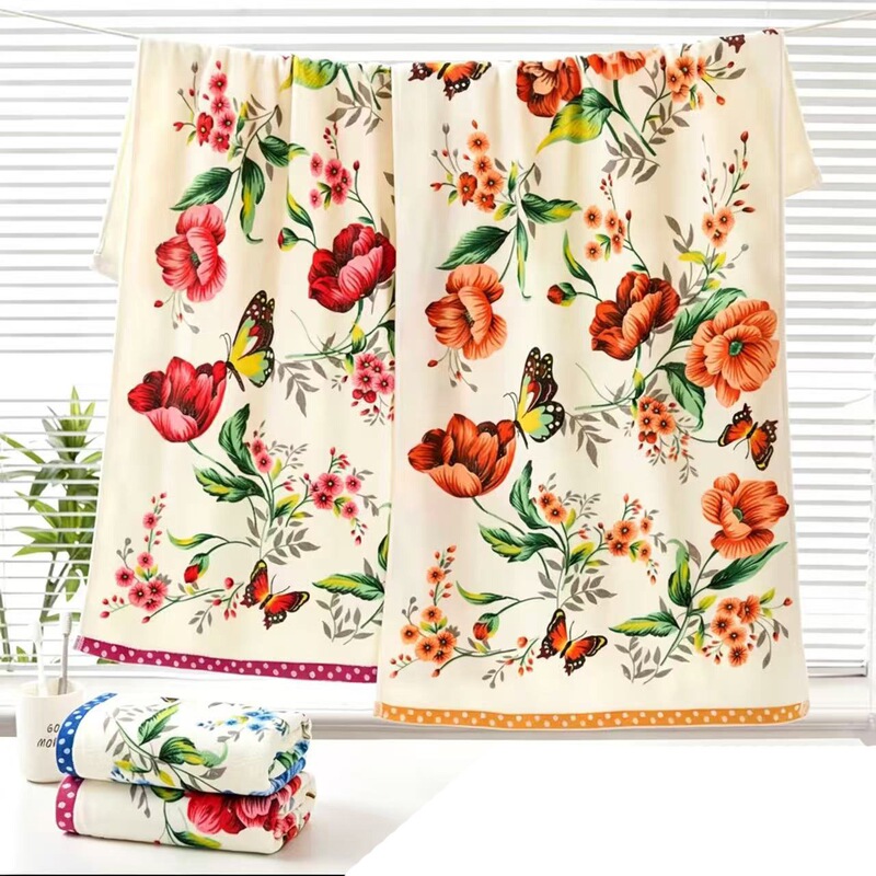 Pure Cotton Large Towel 3D Retro Butterfly Flower Small Bath Towel Soft Printed Cut Velvet Absorbent Household Beach Towel