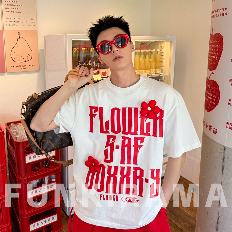Original Trendy Brand from Huiyi Bureau, LAOSHU Letter Print with Three-Dimensional Flower Decoration, American-Style Crew Neck Unisex Knitted T-Shirt Original Trendy Brand from Huiyi Bureau, LAOSHU Letter Print with Three-Dimensional Flower Decoration, American-Style Crew Neck Unisex Knitted T-Shirt