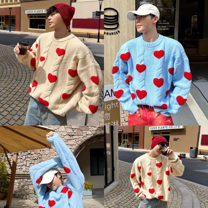 Korean-Style Lazy Color-Blocked Heart Crew Neck Sweater for Men and Women, Casual Versatile Loose Heart Knit Top