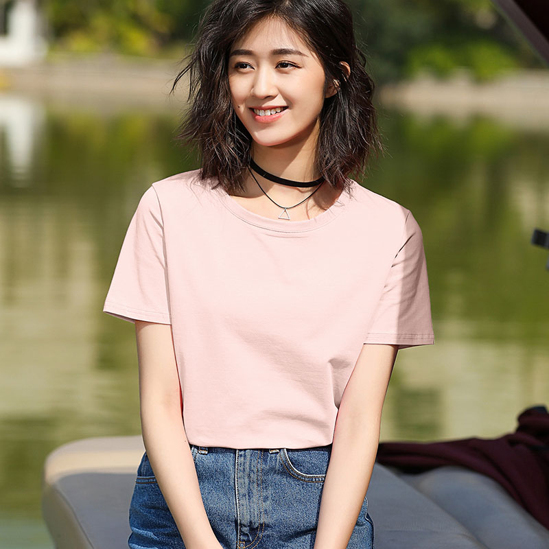 Lotus Root Pink / CottonShort sleeve T-shirt female easy pure cotton jacket summer wear Half sleeve white T 桖 Women's wear 2021 new pattern tide Solid color Slubby cotton