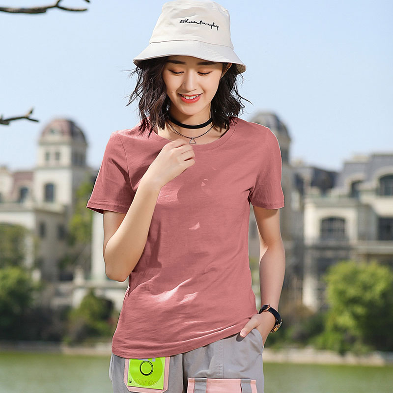 Cinnabar Red Slub CottonShort sleeve T-shirt female easy pure cotton jacket summer wear Half sleeve white T 桖 Women's wear 2021 new pattern tide Solid color Slubby cotton