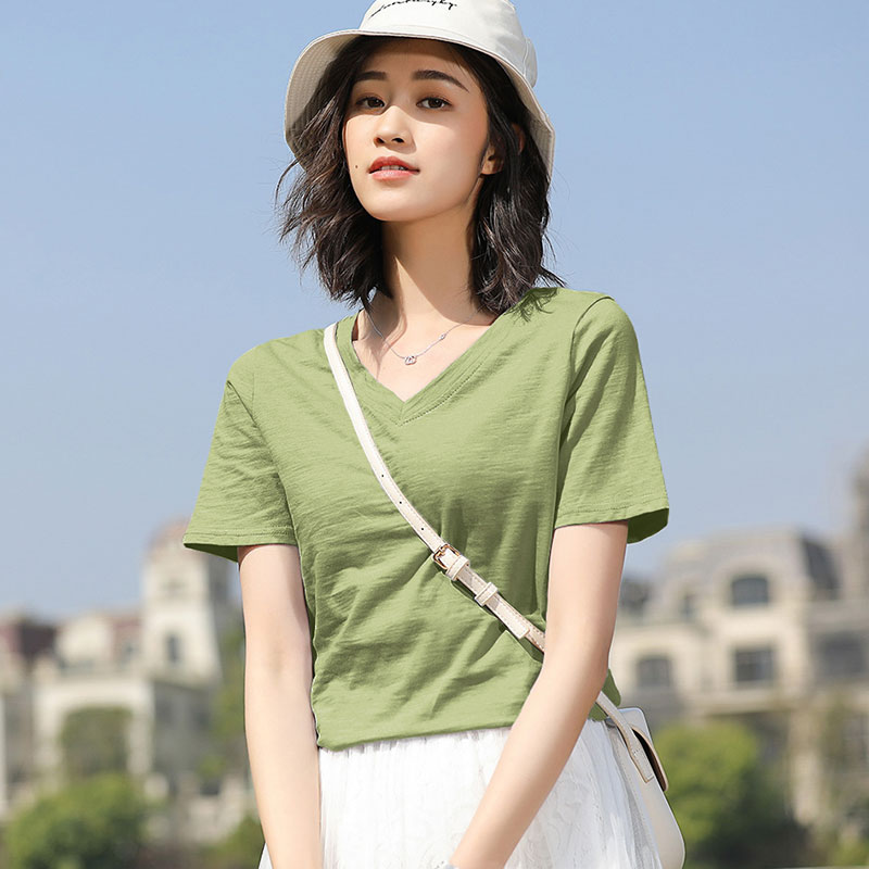 Avocado Green V-neck / CottonShort sleeve T-shirt female easy pure cotton jacket summer wear Half sleeve white T 桖 Women's wear 2021 new pattern tide Solid color Slubby cotton