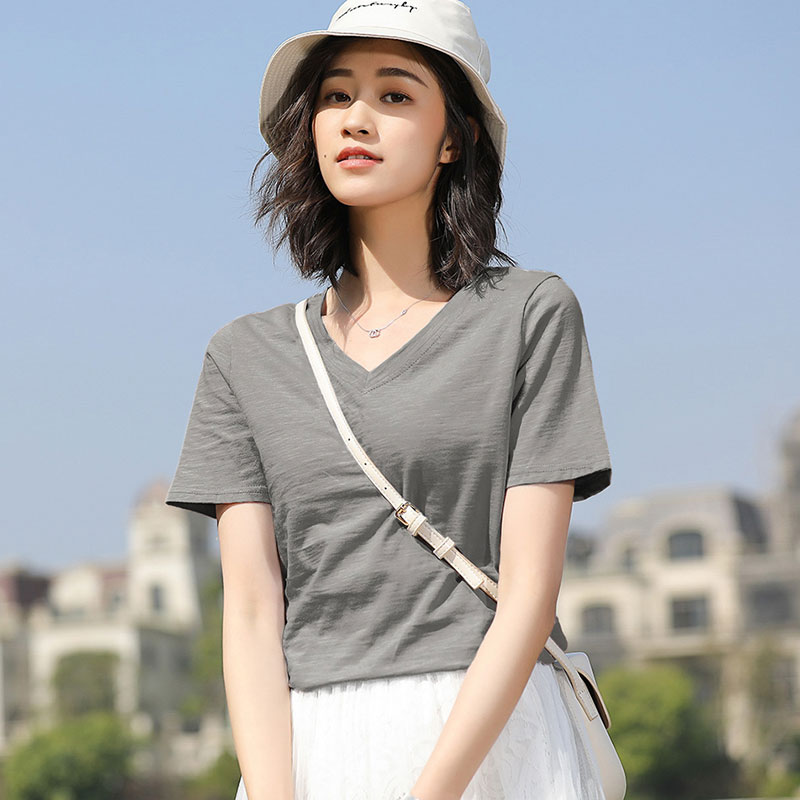 Grey V-neck / CottonShort sleeve T-shirt female easy pure cotton jacket summer wear Half sleeve white T 桖 Women's wear 2021 new pattern tide Solid color Slubby cotton