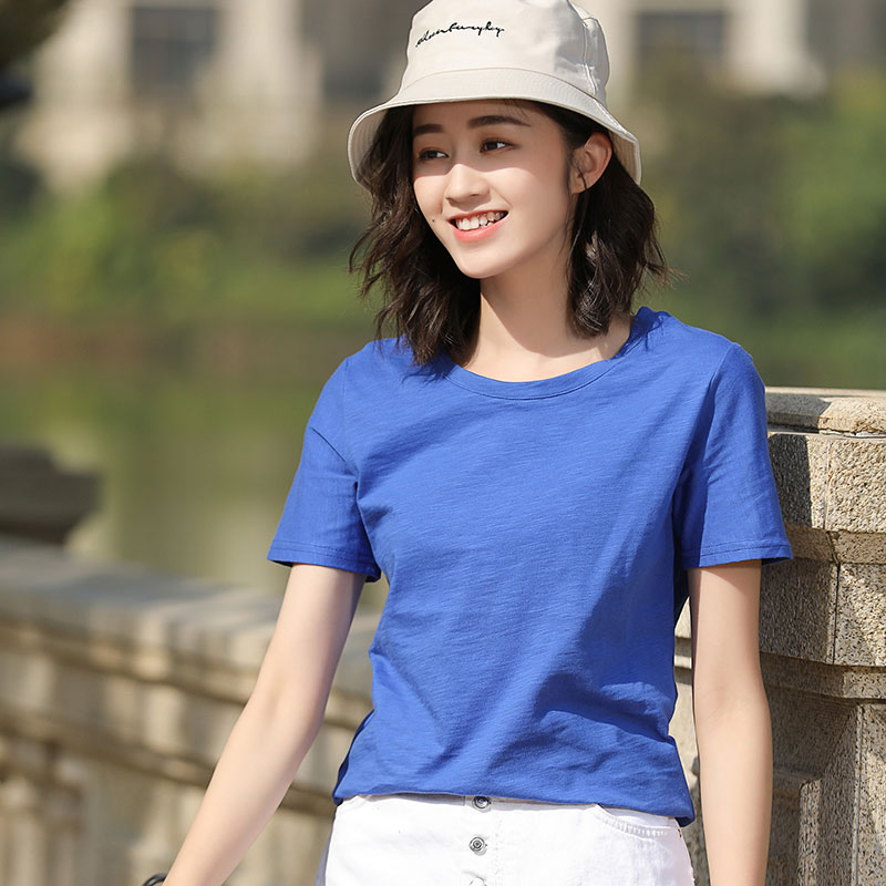 Dark Blue Slub CottonShort sleeve T-shirt female easy pure cotton jacket summer wear Half sleeve white T 桖 Women's wear 2021 new pattern tide Solid color Slubby cotton