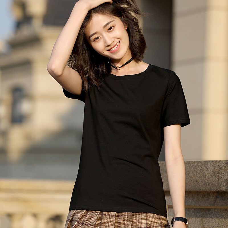 Black Ice Silk CottonShort sleeve T-shirt female easy pure cotton jacket summer wear Half sleeve white T 桖 Women's wear 2021 new pattern tide Solid color Slubby cotton