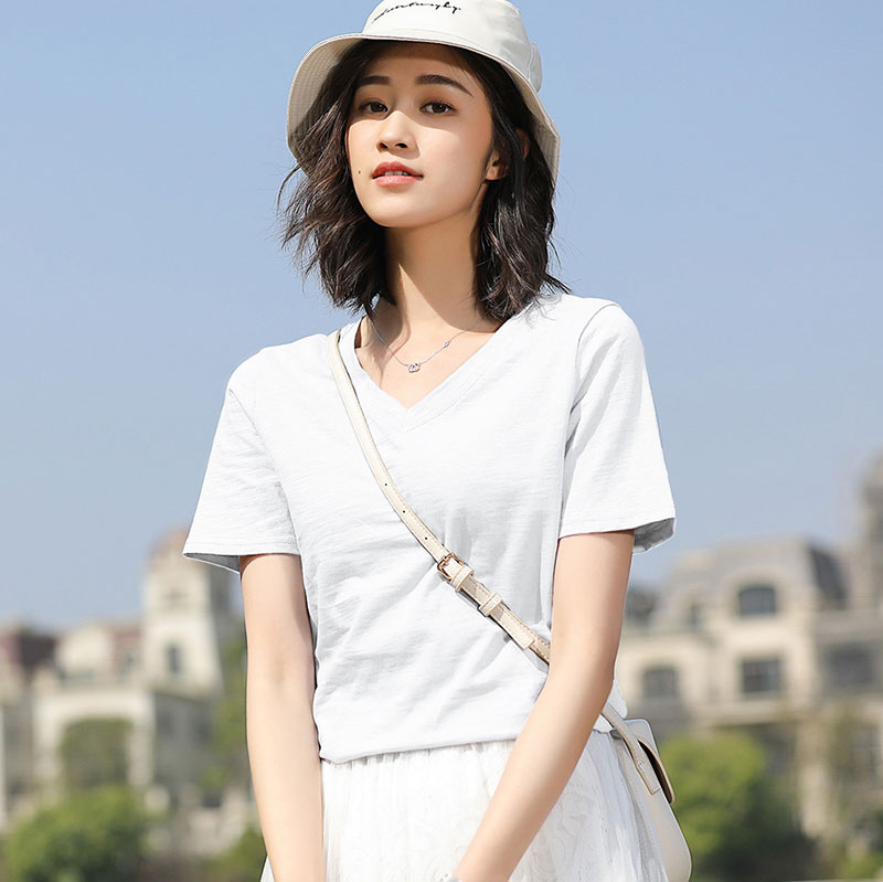 White V-Neck / CottonShort sleeve T-shirt female easy pure cotton jacket summer wear Half sleeve white T 桖 Women's wear 2021 new pattern tide Solid color Slubby cotton