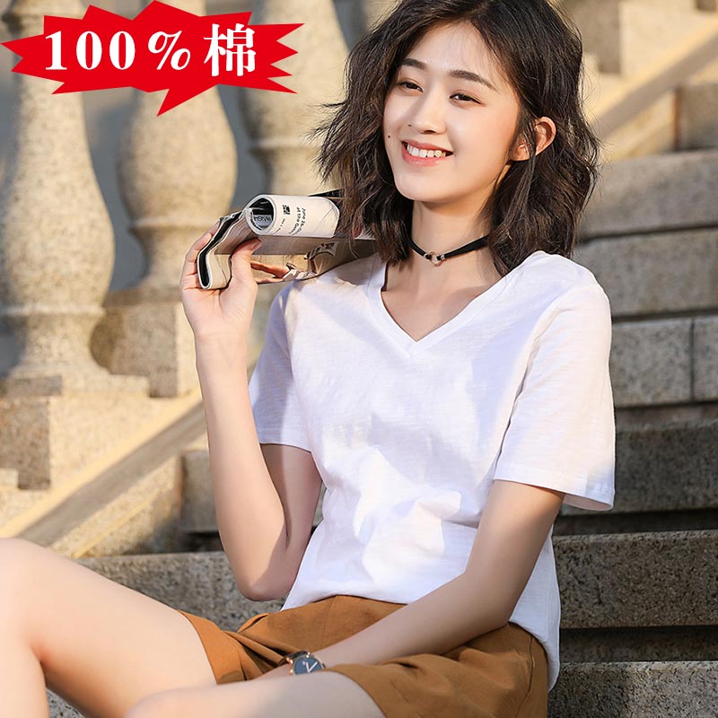 White Slub Cotton VShort sleeve T-shirt female easy pure cotton jacket summer wear Half sleeve white T 桖 Women's wear 2021 new pattern tide Solid color Slubby cotton