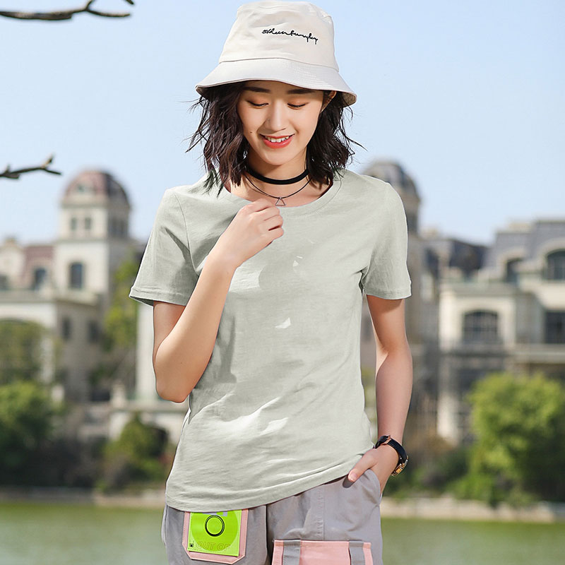 Light Green Slub CottonShort sleeve T-shirt female easy pure cotton jacket summer wear Half sleeve white T 桖 Women's wear 2021 new pattern tide Solid color Slubby cotton