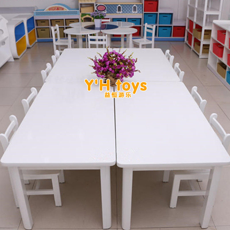 Kindergarten children's high-end white paint rectangular square table painting game table learning table and chair moon table round table