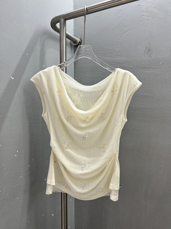 European Style Summer New Arrival Korean Style Exquisite Sweet Lace Splicing Beaded Sequin Scoop Neck Waist-Cinching Slimming T-Shirt European Style Summer New Arrival Korean Style Exquisite Sweet Lace Splicing Beaded Sequin Scoop Neck Waist-Cinching Slimming T-Shirt