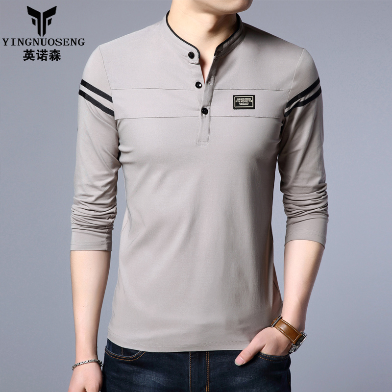 Men's long-sleeved stand-up collar cotton t-shirt middle-aged men's casual ice mercerized cotton 2019 new summer thin spring and autumn