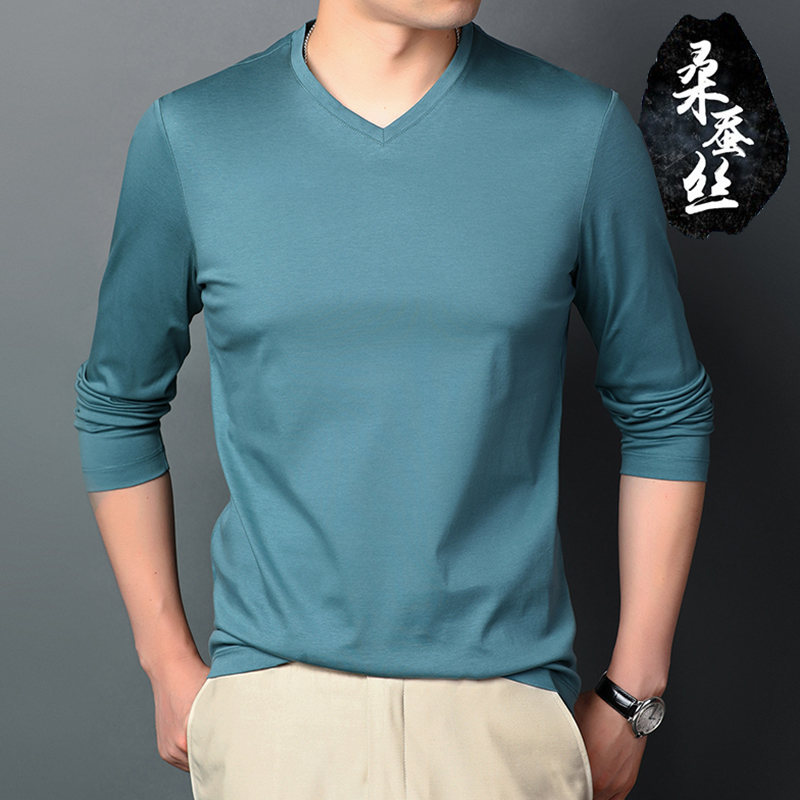 Men's long-sleeved T-shirt Silk base shirt Korean version slim trend spring and autumn solid color top young and middle-aged V-neck sweater