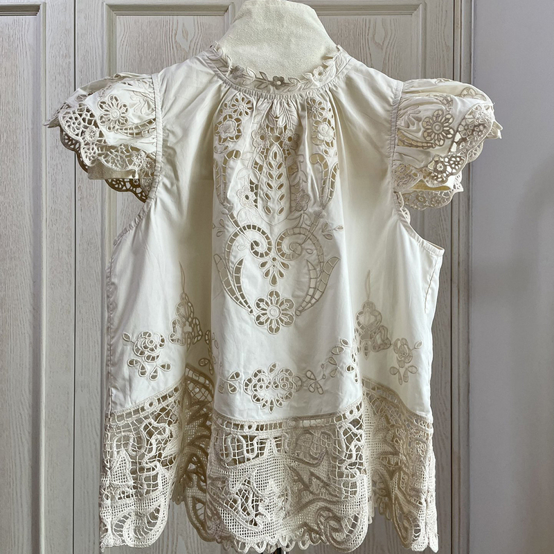 Hollow Crochet Embroidered Flying Sleeve Shirt New French Retro Lace Round Neck Pullover Top for Women