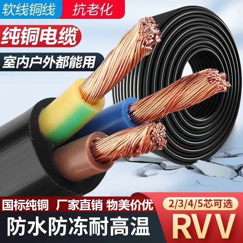 National Standard Pure Copper Cable Flexible Wire Rvv 2-Core Wire 2.5/4/6 Square Flame-Retardant Anti-Freeze Sheathed Wire Three-Phase Cable