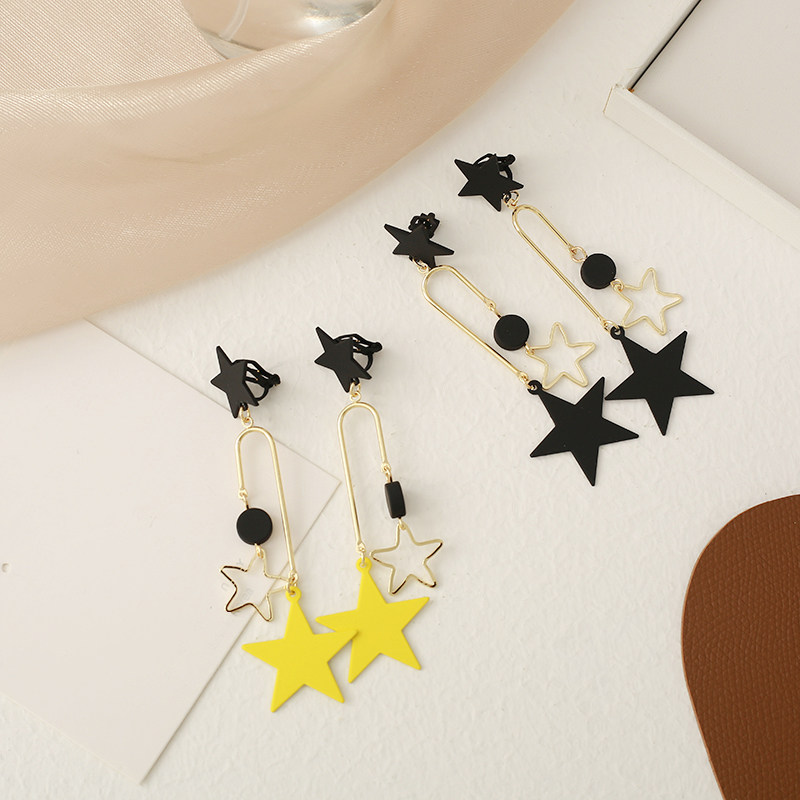 Korean Temperament Stars Earrings Long Version Earrings Pendant Round Face slim Atmospheric Advanced Design Sensation Ear-free Ear Clip