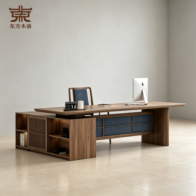 New Chinese-Style Solid Ash Wood Executive Desk with Mortise and Tenon Joints, 2026 New Model, Blue Song-Style Aesthetics, Leader's Desk with Side Table