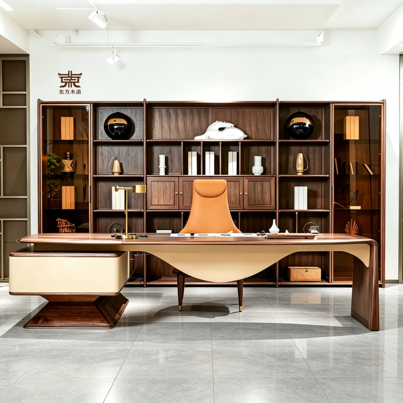 New Chinese-Style Solid Ash Wood Executive Desk with Mortise and Tenon Joints, New Light Luxury Style for Leaders and Managers, with Side Table, Ceo Desk