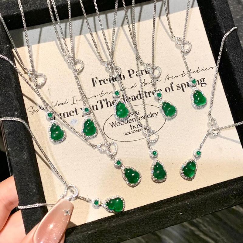 天然A級グリーン翡翠翡翠ひょうたん999スターリングシルバー2025新作高級ネックレス、彼女や母親への贈り物として