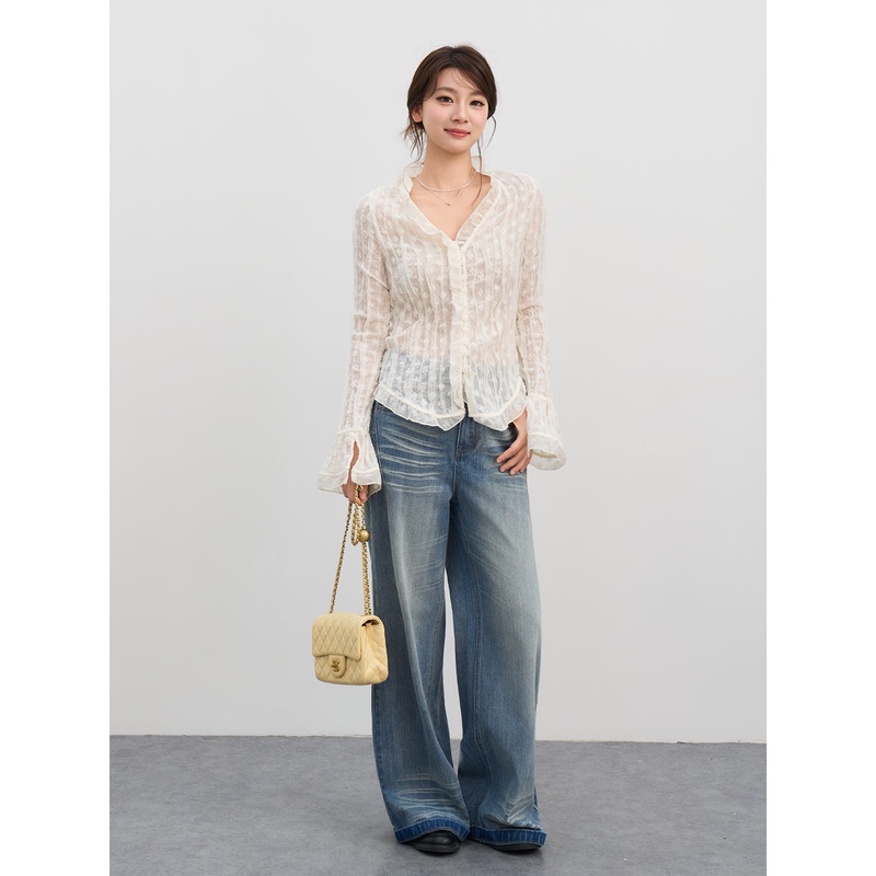 Bplusm 2026 Autumn Pure Desire Lace Embroidery Mesh V-Neck Waist-Cinching Ruffle Flared Sleeve Cardigan Top