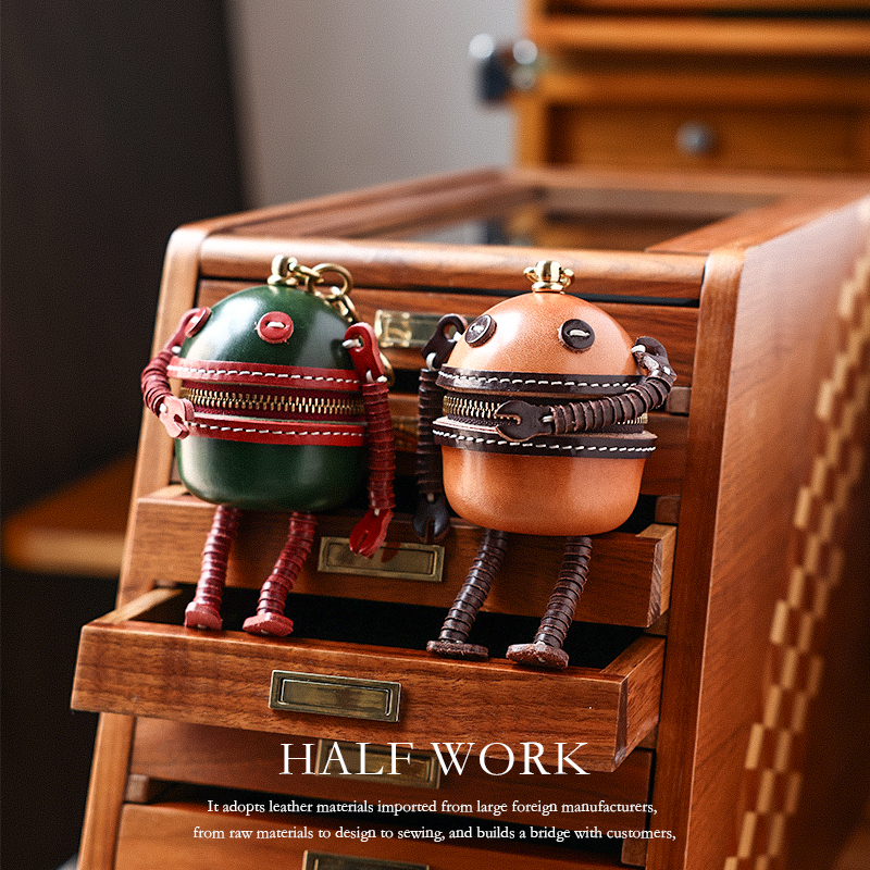 Halfwork Robot Key Case Vegetable-Tanned Leather Contrast Color Vintage Genuine Leather Car Key Case Earphone Case Handmade