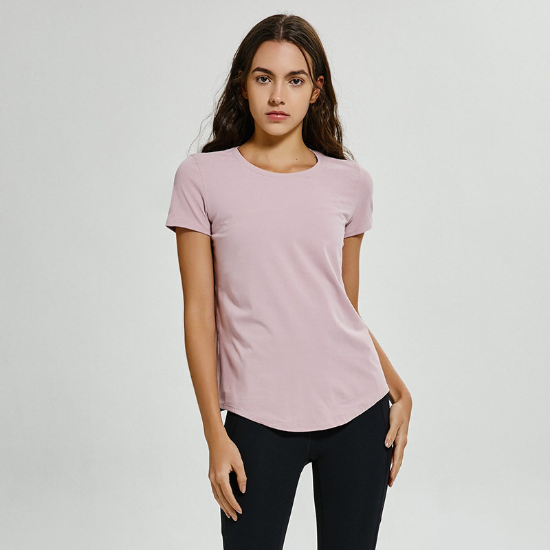 Foreign Trade Export Canada Single Slim Nude Breathable High Elastic Solid Color Running Sports Fitness Yoga Short Sleeve T-Shirt
