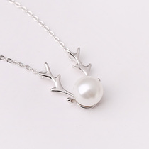 Antler pearl pendant single shell bead necklace 925 sterling silver student chain choker jewelry female Korean temperament