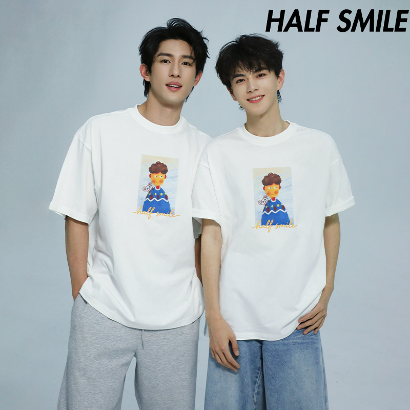 Sun Zheng and Lu Si Tong Jointly Designed T-Shirts Halfsmile Half Smile Couple Matching White Pure Cotton Short-Sleeve Round-Neck Shirts Sun Zheng and Lu Si Tong Jointly Designed T-Shirts Halfsmile Half Smile Couple Matching White Pure Cotton Short-Sleeve Round-Neck Shirts