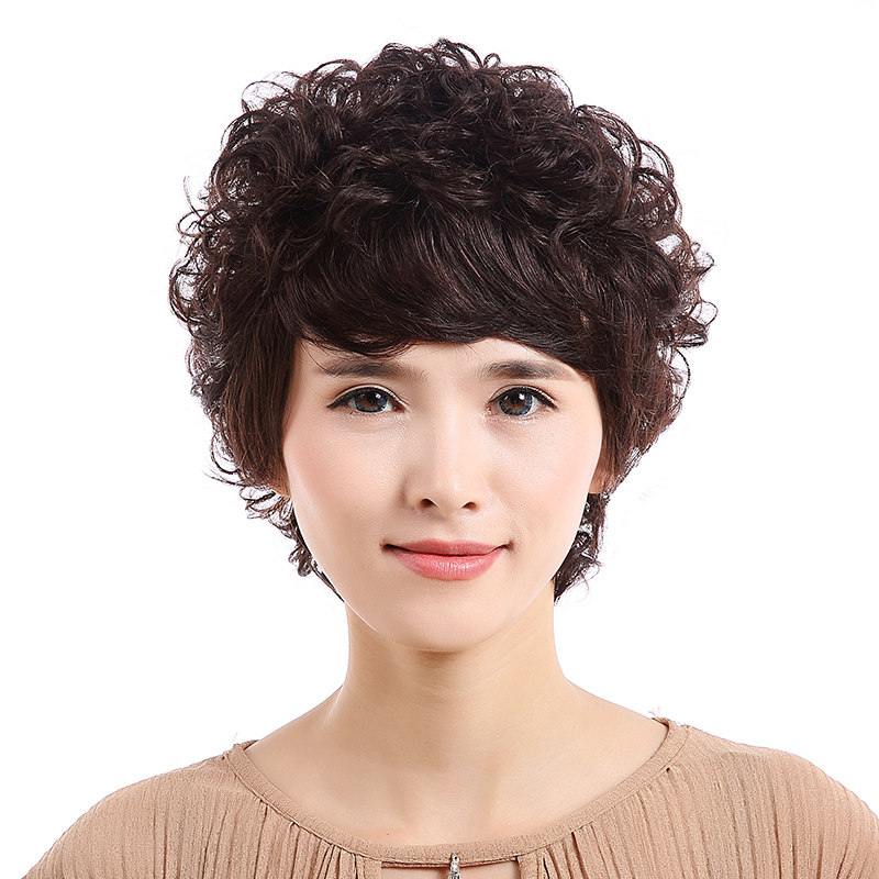 Pretty beauty real hair wig Short hair women's fashion middle-aged wig women's short curly hair old man's headgear new fluffy natural