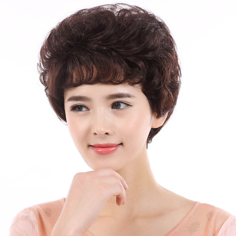 Real Hair Wig Lady Short Hair Realistic Short Curly Hair Fluffy Mid-Aged Wig Sleeve Mom Fashion Hairstyle Hairstyle