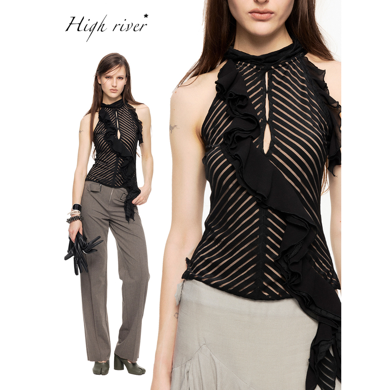 High River 26Ss-Retro Striped Sleeveless Multi-Layered Ruffled Waist-Cinching Sleeveless Top