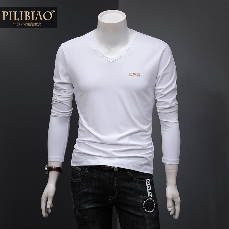 Perak Biao Modal long sleeve T-shirt men's autumn new letter embossed slim casual and comfortable top V-collar base