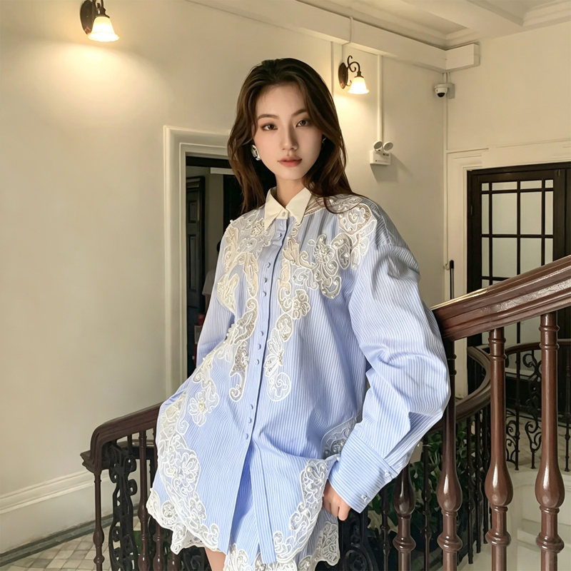 Blue Vertical Striped Hollow-Out Shirt for Women, Spring and Summer Design, Niche Loose Splicing with Beaded Embroidery and Turn-Down Collar Top