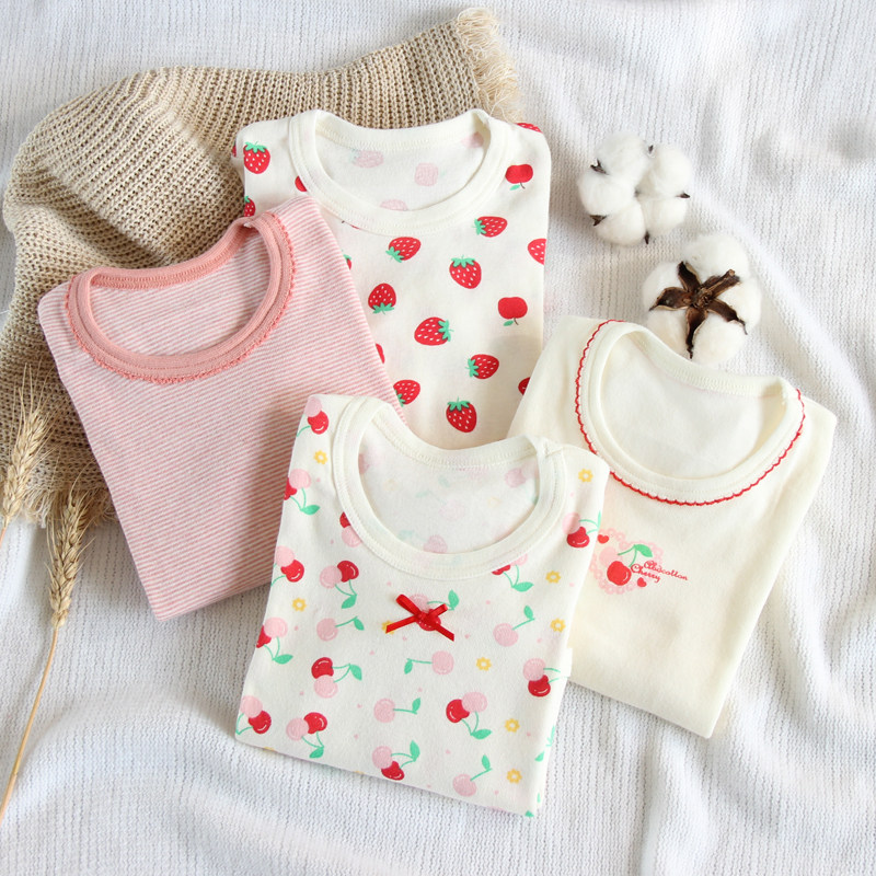 Fall and winter thin material corrugated cotton 9 sleeve children playing a shirt topper girl baby underwear two pieces