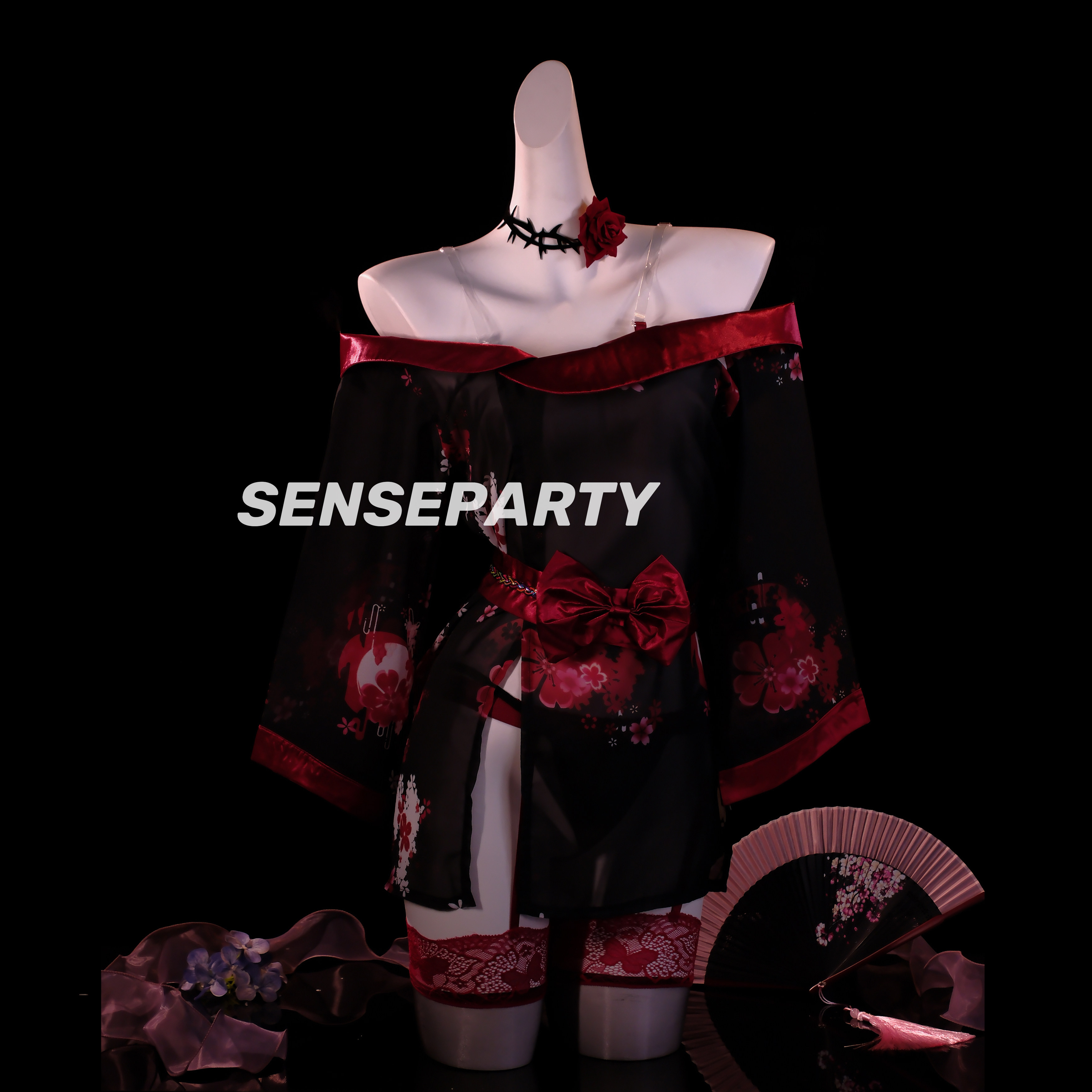 感覚パーティー「緋色の桜の夜」セクシーナイトガウンプラスサイズ日本の着物コスプレユニフォームランジェリーピュアデザイアqqny