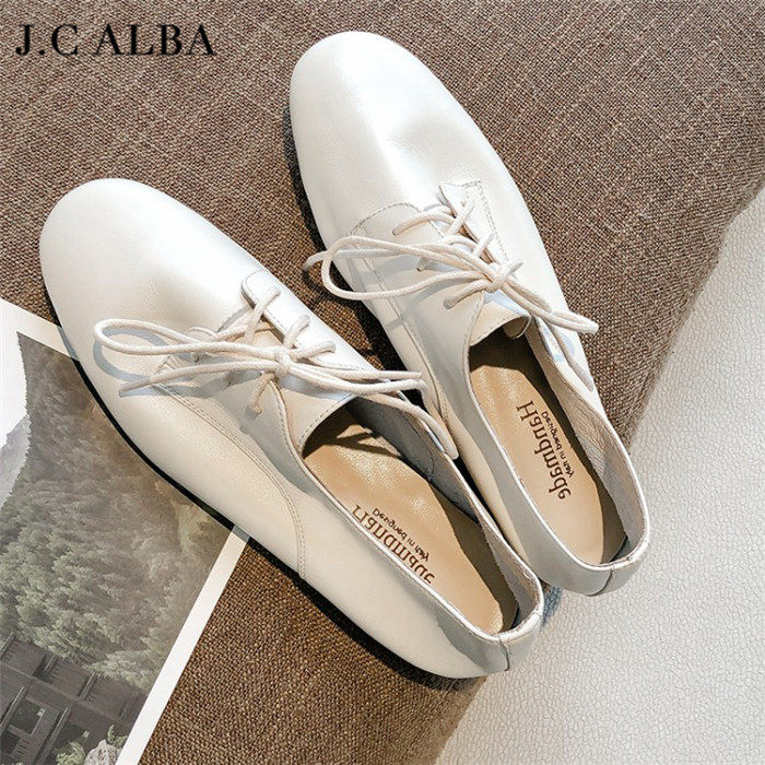 Winter retro full leather square heel lace-up small white shoes beef tendon bottom leather shoes soft leather 3CM low-heeled grandma single shoes - Taobao