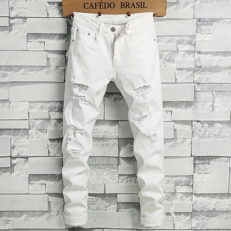 White Ripped Jeans for Men, Summer Thin Style, 2026 New Slim Fit, Tapered 9/10 Length Pants, Men's Style