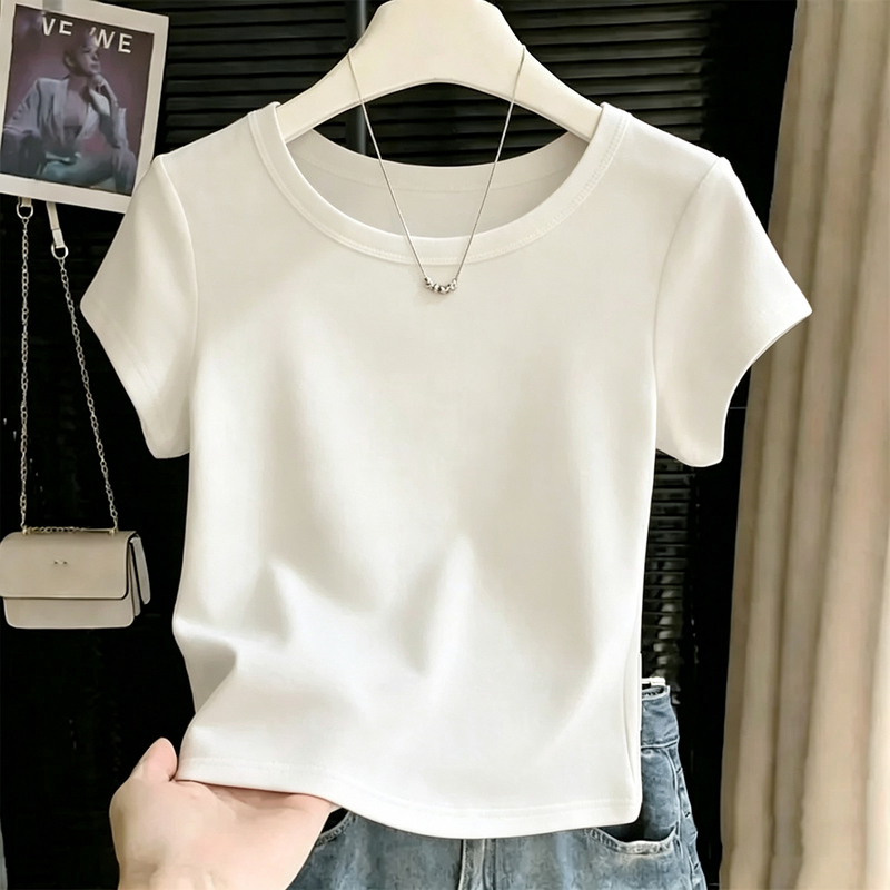 European Style White Round Neck Short-Sleeved T-Shirt for Women 2026, Loose Fit, Slimming, Basic Style, Age-Reducing, Stylish Short Top European Style White Round Neck Short-Sleeved T-Shirt for Women 2026, Loose Fit, Slimming, Basic Style, Age-Reducing, Stylish Short Top