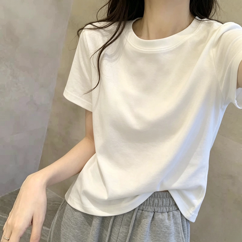 European Style White Pure Cotton Short-Sleeve T-Shirt for Women, 2026 Spring/Summer New Loose Fit, Tummy-Covering, Elegant Regular Shoulder Top for Layering