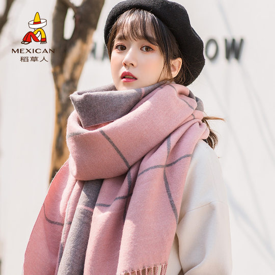 Scarecrow Scarf Women's 2025 New Korean Version Versatile Long Plaid Shawl Dual-Purpose Autumn and Winter Thickened Warm Scarf