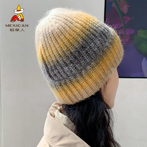 Японская демисезонная модная утепленная удерживающая тепло шерстяная вязаная шапка с капюшоном, градиент