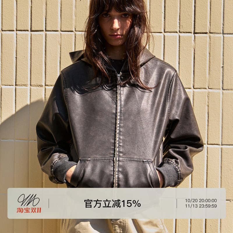 Vlabmade Bone-Washed Distressed Kangaroo Pocket Hooded Leather Jacket, Regular Shoulder Short Style Double-Ended Zipper Jacket