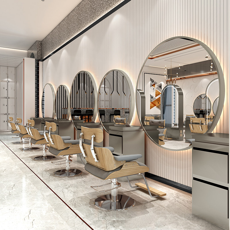 Net red hair shop mirror tidal fashion wall hanging hair mirror hair gallery special cut hair round mirror single-sided wall with lights